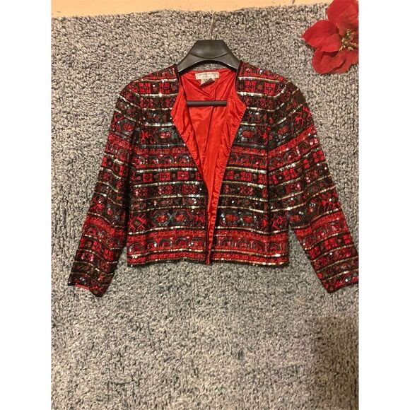 Adrianna Papell Vintage Beaded Silk Bomber Jacket Red Size L Formal - Picture 1 of 11
